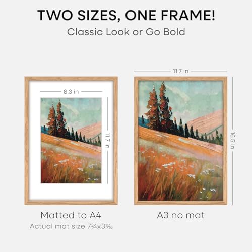 Homeforia A3 Natural Oak Picture Frame, High-End Wood, A4 Mat, Glass - Image 2
