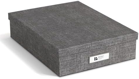 Bigso Oskar Canvas Fiberboard Document Letter Box for Important Paperwork A4 or Letter Size - Durable Keepsake Box with Lid and Metal Label Holder - 3.3in x 10.2in x 13.8in - Melange Grey by Bigso