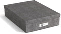 Bigso Oskar Canvas Fiberboard Document Letter Box for Important Paperwork A4 or Letter Size - Durable Keepsake Box with Lid and Metal Label Holder - 3.3in x 10.2in x 13.8in - Melange Grey by Bigso