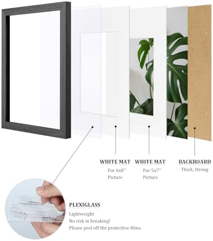 Egofine 8x12 Picture Frames Set of 4, Made of Solid Wood Covered by Plexiglass 5x7 and 6x8 with Mat or 8x12 without Mat, for Table Top Display and Wall Mounting Photo Frame Rustic Black - Image 4