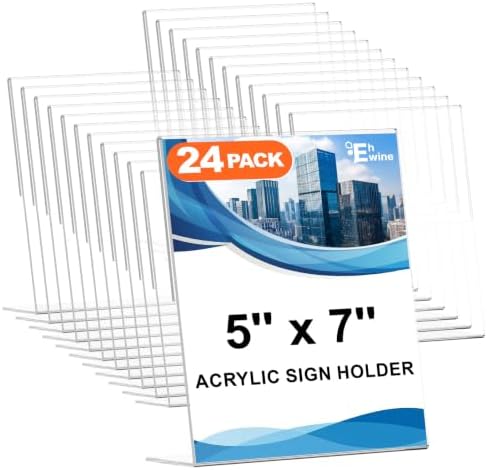 EHWINE 24 Pack 5 x 7 Acrylic Sign Holder, Clear Plastic Signs Display Stand, Vertical Slanted Back Paper Holder Stand up Table Top Sign Holders Flyer Stand Frames Suitable for Office Business Store by EHWINE