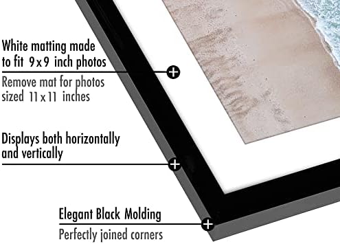 Americanflat 11x11 Picture Frame with Shatter-Resistant Glass - Use as 8x8 Frame with Mat or Display 11x11 Photo Without Mat - Streamline Collection - Thin Border Square Frames for Wall - Black - Image 3