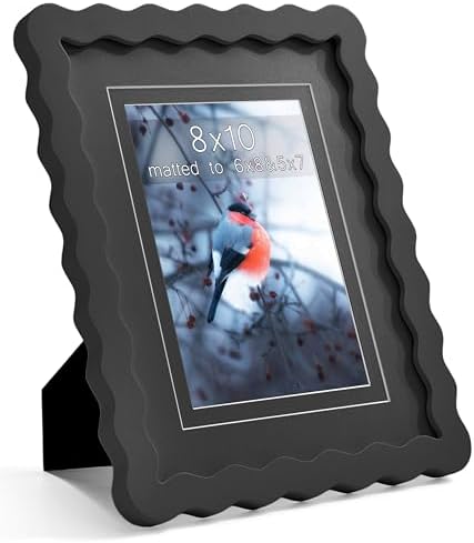 8x10 Black Picture Frame with Mat for 5x7/6x8, Curved Wavy Edge Deco Wooden Real Glass, Vertical or Horizontal Display Photo Gallery Wall & Tabletop Frame by Gdfmsc
