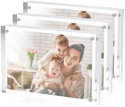 Sezanrpt 3 Pack Acrylic Picture Frames 5x7 Inch Free Standing, Clear Crystal 5'' x 7'' Picture Frame, Office Desktop Magnetic 5x7 Lucite Photo Frame for Specimens, Tickets, Stamps, Pictures Display by Sezanrpt