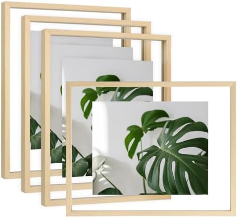 Egofine 11x14 Floating Frames Set of 4, Double Plexiglass Picture Frame, Made of Solid Wood Display Any Size Photo up to 11x14, Wall Mount or Tabletop Standing, Natural Wood by Egofine