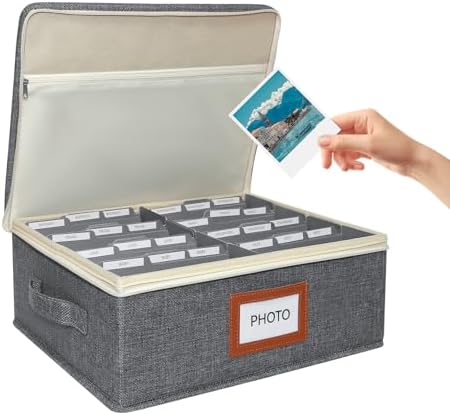 Linen Photo Storage Box with Zipper Lid & Side Handle and Adjustable Dividers,Holds Up to 2000 4x6 Pictures, Memory Keepsake Box for Wedding,Baby, Cards, Stamps, Grey by Sprsthai