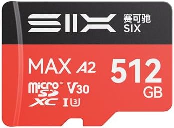 SIX M200 512GB Micro SD Card Read Up to 190MB/s for 4K UHD Continuous Recording - A2, U3, V30 microSDXC Memory Card 512GB with Adapter for Action Cameras, Drones, Gaming Consoles, Dash Cams, Phones by SIXMemory