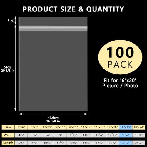 AUEAR 16"x20" Clear Plastic Sleeves Storage Bags for Art,Pictures,100 Pack - Image 2
