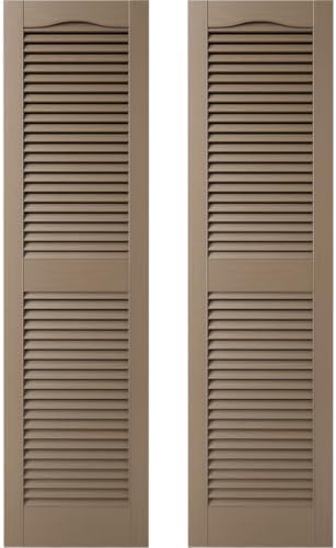 14.5 in. W x 36 in. H Builders Edge, Standard Cathedral Top Center Mullion, Open Louver Shutters, Includes Matching Installation Spikes (Per Pair), 385 - French Roast by Builders+Edge