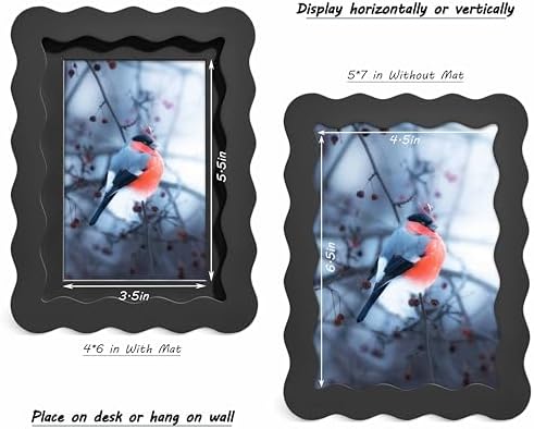 5x7 Black Picture Frame with Mat for 4x6, Curved Wavy Edge Deco Wooden Real Glass, Vertical or Horizontal Display Photo Gallery Wall & Tabletop Frame - Image 3
