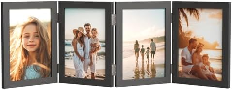 WARM&LOVE 4 Picture Frame, 4x6 Four Folding Hinged Photo Frames, Rustic Wood Desk Family Photo Collage Stand Vertical on Tabletop for Birthday Family Lover Gift (Black) by WarmLove