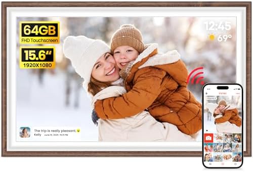 64GB Frameo 15.6" Digital Picture Frame Large 1920 x 1080 IPS FHD Touch Screen WiFi Electronic Photo Frames Share Moments Instantly Anywhere Best Gifts for Parents and Grandparents Brown Wood White by BIGASUO