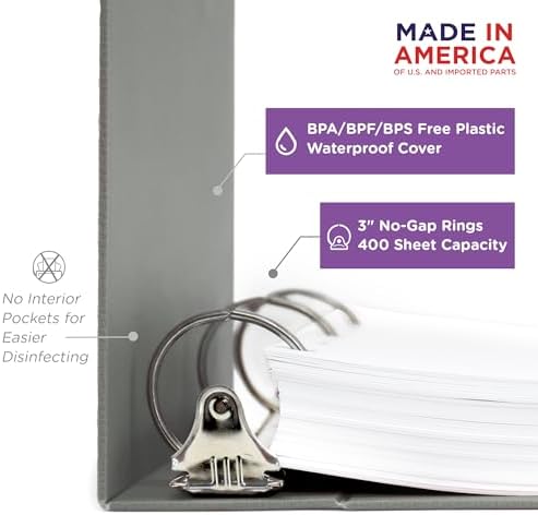 Carstens 3-Inch Heavy Duty 3-Ring Binder - Side Opening, Ash Gray, Durable Plastic, Precision No-Gap Rings, Waterproof Cover, No Pockets, Holds 400 US Letter Sheets, BPA-Free, Made in USA (1742-3R) - Image 3