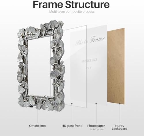 Cuspin 4x6 Silver Picture Frame, Vintage Ornate Leaf Textured Resin Frame - Image 7