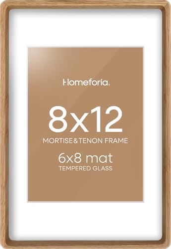Homeforia 8x12 Mortise&Tenon Natural Oak Picture Frame, 6x8 Mat, Glass by Homeforia
