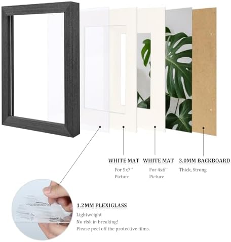 Egofine 6x8 Picture Frames Set of 4, Made of Solid Wood Covered by Plexiglass 4x6 and 5x7 with Mat or 6x8 without Mat, for Table Top Display and Wall Mounting Photo Frame Rustic Black - Image 4