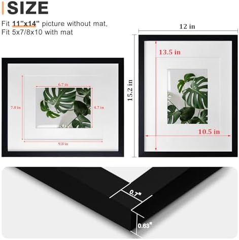 Egofine 11x14 Picture Frames Set of 4, Made of Solid Wood Covered by Plexiglass 5x7 and 8x10 with Mat or 11x14 without Mat, for Table Top Display and Wall Mounting Photo Frame Black - Image 4