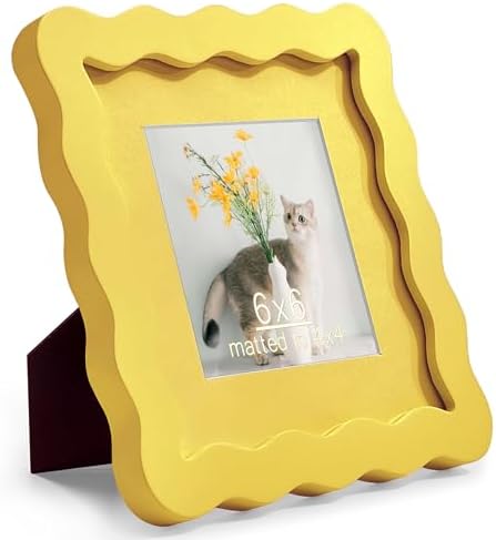 6x6 Yellow Picture Frame with Mat for 4x4, Curved Wavy Edge Deco Wooden Real Glass, Vertical or Horizontal Display Photo Gallery Wall & Tabletop Frame by Gdfmsc