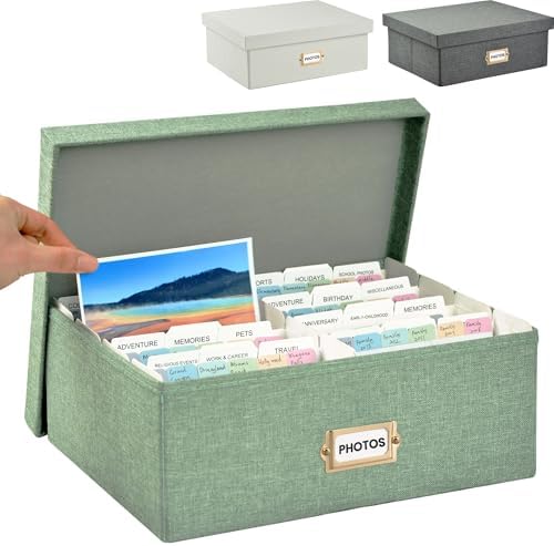 Linen Photo Storage & Keepsakes Box with Dividers for Cards & Photos by Qerlei