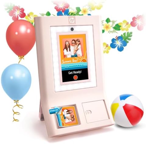 HP Sprocket Photo Booth Machine Instant Color Photo Printer - 10.1" Touchscreen, LED Ring Light - Customize w/250+ Fun Frames, Prints on 3x4 Zink Paper or Share via QR Code, Mobile Notify App - Pink by Unknown