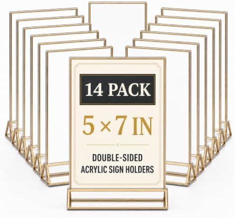 14 Pack Acrylic Sign Holder 5x7 Gold Frames, Wedding Table Number Holders Double Sided Vertical Clear Display Stand, Picture Holders for Tables, Menus, Flyers, Party and Office Decor by DECOHOBO