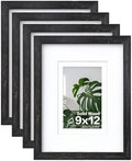Egofine 9x12 Picture Frames Set of 4, Made of Solid Wood Covered by Plexiglass 5x7 and 6x8 with Mat or 9x12 without Mat, for Table Top Display and Wall Mounting Photo Frame, Driftwood Black by Egofine