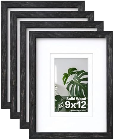 Egofine 9x12 Picture Frames Set of 4, Made of Solid Wood Covered by Plexiglass 5x7 and 6x8 with Mat or 9x12 without Mat, for Table Top Display and Wall Mounting Photo Frame, Driftwood Black by Egofine