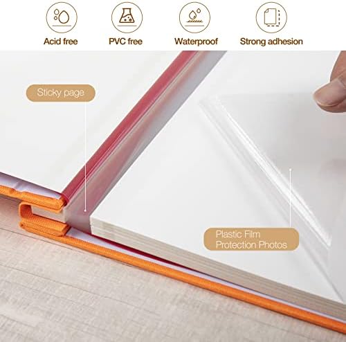 potricher Large Photo Album Self Adhesive 3x5 4x6 5x7 8x10 10x12 Pictures Linen Cover 80 Blank Pages Magnetic DIY Scrapbook Album with A Metallic Pen (Orange, 13.2x12.8 inch 80 Pages) - Image 4