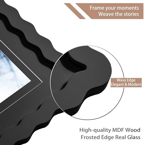 8x8 Black Picture Frame with Mat for 6x6/4x4, Curved Wavy Edge Deco Wooden Real Glass, Vertical or Horizontal Display Photo Gallery Wall & Tabletop Frame - Image 4