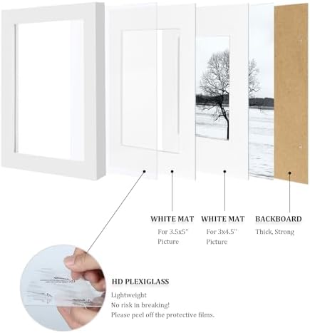 Egofine 4x6 Picture Frames Set of 4, Made of Solid Wood Covered by Plexiglass 3x4.5 and 3.5x5 with Mat or 4x6 without Mat, for Table Top Display and Wall Mounting Photo Frame White - Image 4