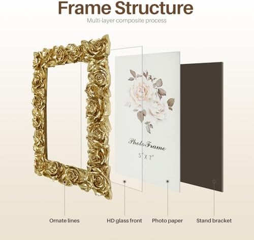 Cuspin 5x7 Gold Rose Picture Frame Vintage Ornate Floral Resin Photo Frame - Image 6