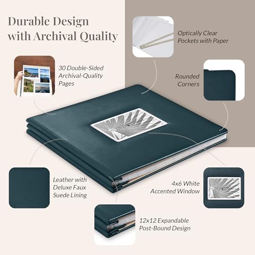 Old Town Bonded Leather Photo Album, Large Leather Scrapbook, Expandable Scrapbook Album 12x12 Double-Sided White Paper Pages and Optically Clear Pockets, Faux Suede Lining, Navy - Image 3