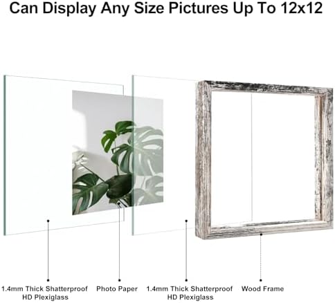 Egofine Distressed White 12x12 Floating Frames Set of 2, Double Plexiglass Picture Frame, Made of Solid Wood Display Any Size Photo up to 12x12, Wall Mount or Tabletop Standing - Image 3