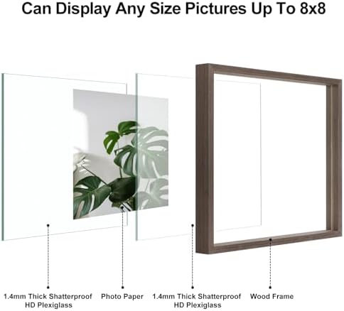 Egofine 8x8 Floating Frames Set of 2, Double Plexiglass Picture Frame, Made of Solid Wood Display Any Size Photo up to 8x8, Wall Mount or Tabletop Standing, Brown - Image 3