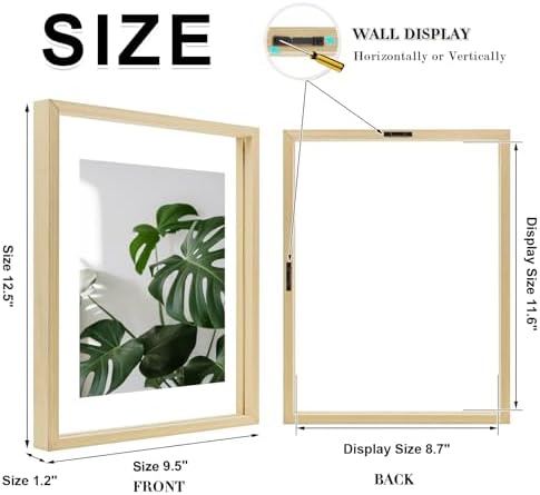 Egofine 9x12 Floating Frames Set of 2, Double Plexiglass Picture Frame, Made of Solid Wood Display Any Size Photo up to 9x12, Wall Mount or Tabletop Standing, Natural Wood - Image 2