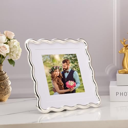 Silver 6x6'' Wave Design Picture Frame with Acid Free Double Mat for 4x4''& 5x5'',High-End Zinc Alloy Photo Frames with Velvet Back,Fashionable Style Silver frames 4x4'' for Tabletop or Wall Décor - Image 2