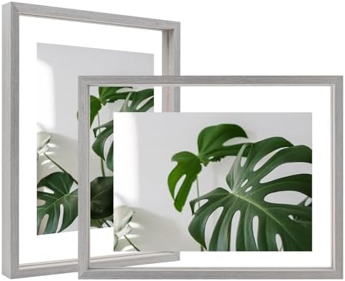 Egofine 9x12 Floating Frames Set of 2, Double Plexiglass Picture Frame, Made of Solid Wood Display Any Size Photo up to 9x12, Wall Mount or Tabletop Standing, Light Grey by Egofine