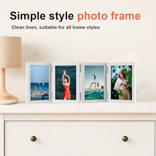 WARM&LOVE 4 Picture Frame, 4x6 Four Folding Hinged Photo Frames, Rustic Wood Desk Family Photo Collage Stand Vertical on Tabletop for Birthday Family Lover Gift (White) - Image 6
