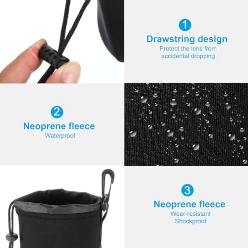 PATIKIL 3 Pcs 3.7" ID x 9.8" H Neoprene Lens Pouch Bag for DSLR Camera Lens, Waterproof, Shockproof, Wear-Resistant, Black - Image 4