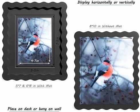 8x10 Black Picture Frame with Mat for 5x7/6x8, Curved Wavy Edge Deco Wooden Real Glass, Vertical or Horizontal Display Photo Gallery Wall & Tabletop Frame - Image 3