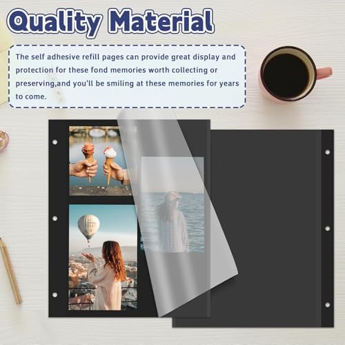 VOKOY 25 Sheets/50 Pages Photo Album Pages for 3 Ring Binder, Black Self Adhesive Scrapbooking Album Refill Pages Replacement Photo Album Sheets for 2x3 4x6 5x7 8x10 Photo or Cards, 11 x 9 Inch - Image 7
