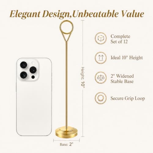 Radezon 12 Pack Gold Table Number Holders, 10inch Weighted Base Place Card Holders for Outdoor Wedding, Windproof Sturdy Metal Photo Stands for Reception Tables, Parties & Events - Image 2