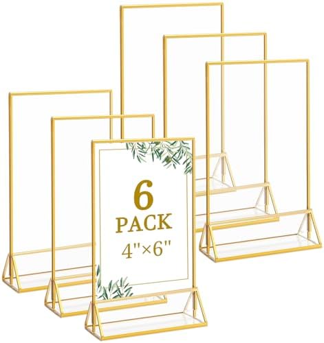 Floroom 6 Pack 4x6 Inch Clear Acrylic Sign Holders, Double-Sided Gold Display Stand Picture Frames for Table Numbers, Menus, Flyers, Weddings, and Offices by Floroom