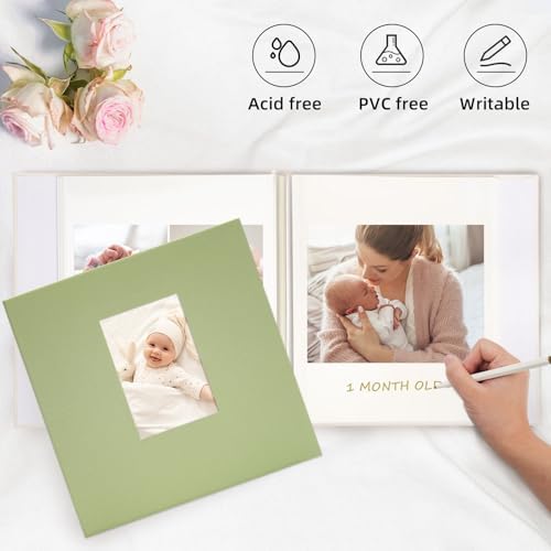 Vienrose Self Adhesive Photo Album Gift Set, Linen Cover Scrapbook with DIY Window, Holds 4x6 5x7 8x10 Photos, 30 Sheets 60 Pages for Family Wedding Baby, Includes Pen, Card, Lace Strap, Green - Image 2
