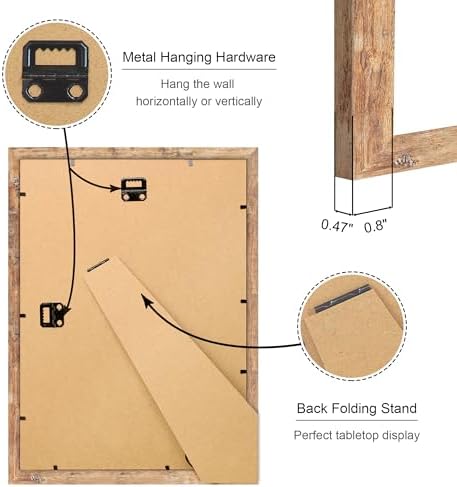 10x14 Picture Frame Set of 2, 10 x 14 Wood Photo Frames with Mat for 8x12, Natural Wooden Frame with Real Glass Cover for Wall and Tabletop Display,Brown - Image 4