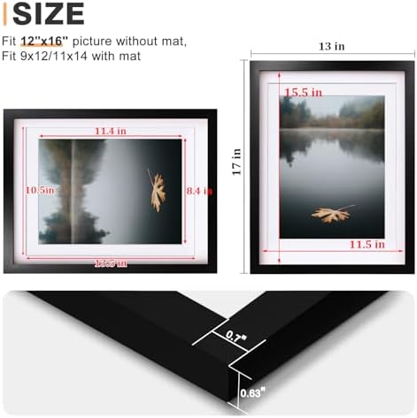 Egofine 12x16 Picture Frames Set of 4, Made of Solid Wood Covered by Plexiglass 9x12 and 11x14 with Mat or 12x16 without Mat, for Wall Mounting Photo Frame Black - Image 3
