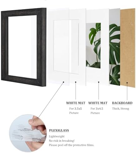 Egofine 4x6 Picture Frames Set of 4, Made of Solid Wood Covered by Plexiglass 3x4.5 and 3.5x5 with Mat or 4x6 without Mat, for Table Top Display and Wall Mounting Photo Frame, Driftwood Black - Image 5