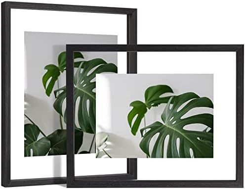 Egofine 11x14 Floating Frames Set of 2, Double Plexiglass Picture Frame, Made of Solid Wood Display Any Size Photo up to 11x14, Wall Mount or Tabletop Standing, Faded Black by Egofine