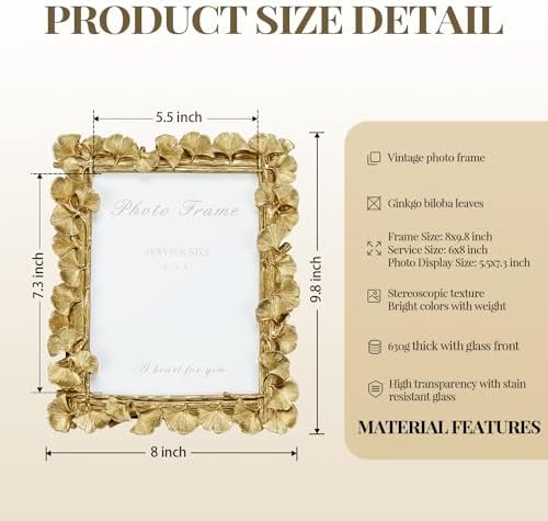 Cuspin 6x8 Picture Frame Gold Vintage Ornate Ginkgo Leaf Resin Photo Frame - Image 4