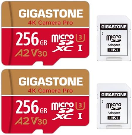 【5-Years Data Recovery】 GIGASTONE 256GB Memory Card 2 Pack 4K Pro Camera Compatible with GoPro Switch, Speed 100MB/s. A2 U3 V30 Micro SDXC Card with SD Adapter. by Gigastone